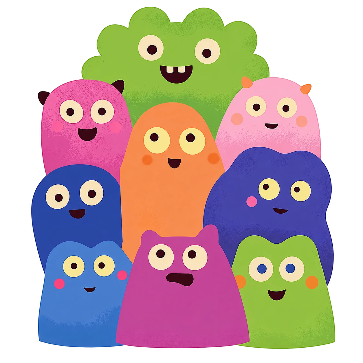 Nine colorful friendly monster characters with different shapes and expressions
